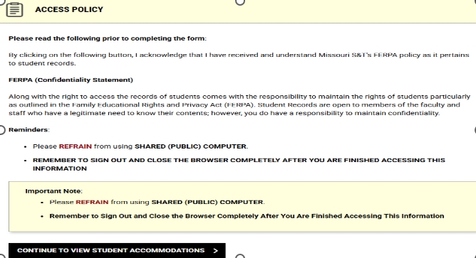 Screenshot of the access policy. At the bottom of the text, there is a button stating 