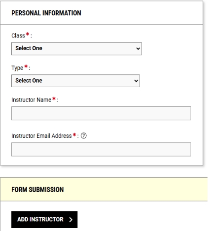 Screenshot of the form to be completed when adding an instructor. The form includes fields for clas, type, instructor name, and instructor email adress. At the bottom a button reads 