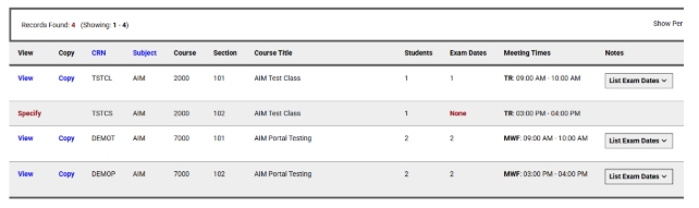 Screenshot of a list of courses that includes View and Specify options as well as course meeting times, number of students with accommodations enrolled in the course, and an option to list exam dates.