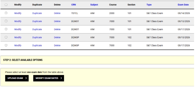 Screenshot of a table of exam dates that includes options to modify, duplicate, or delete an exam date. Beside each date there is a box to select that date. Below the table are two buttons one with 